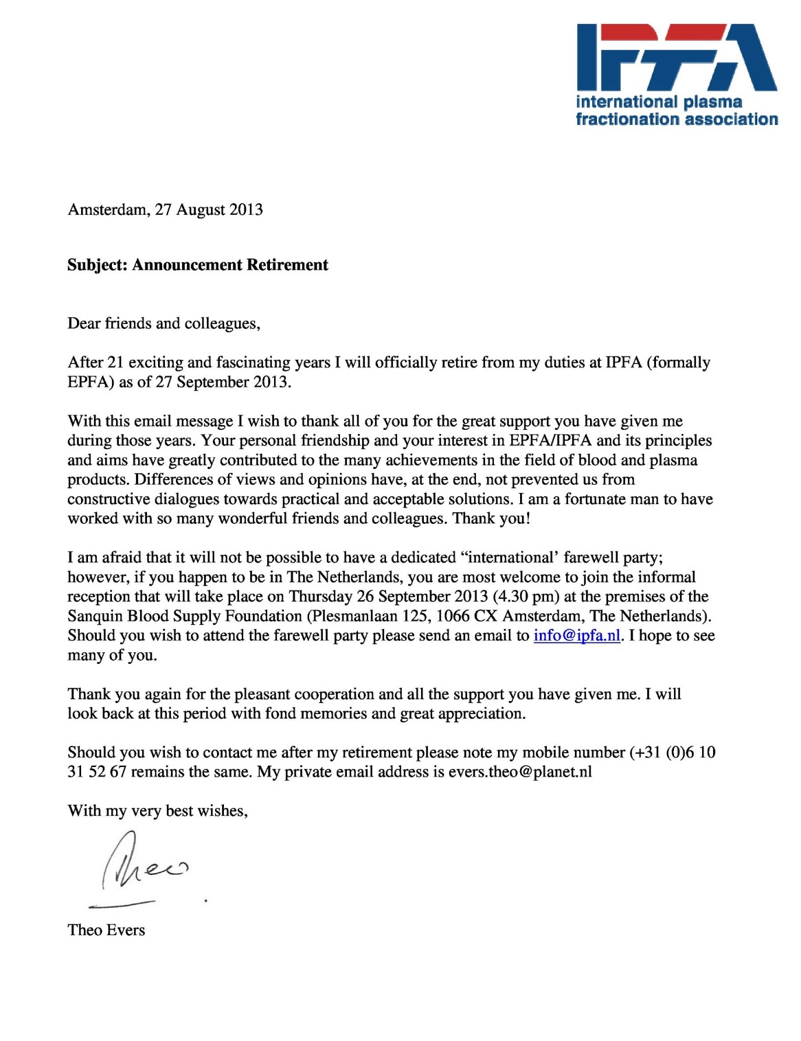 sample retirement announcement letter to friends