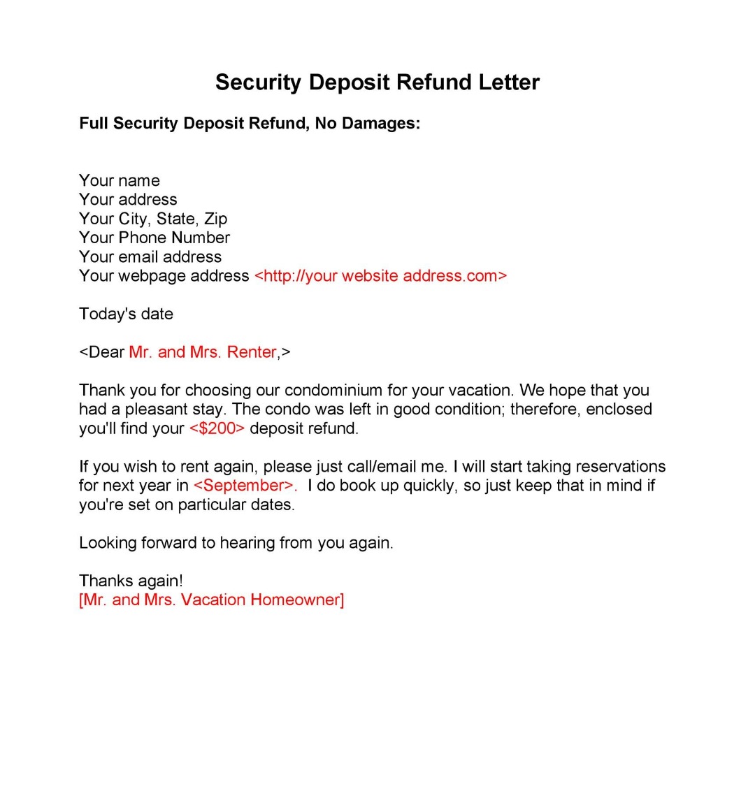 sample security deposit letter for no damages