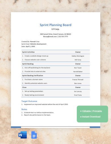 sample sprint planning board