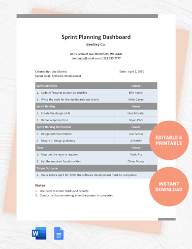sample sprint planning dashbaord