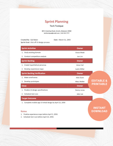 sample sprint planning template