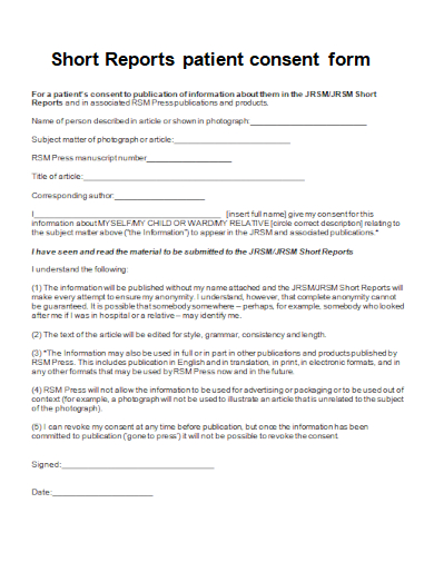 short reports patient consent form template