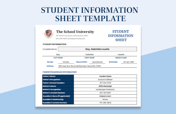 student information sheets