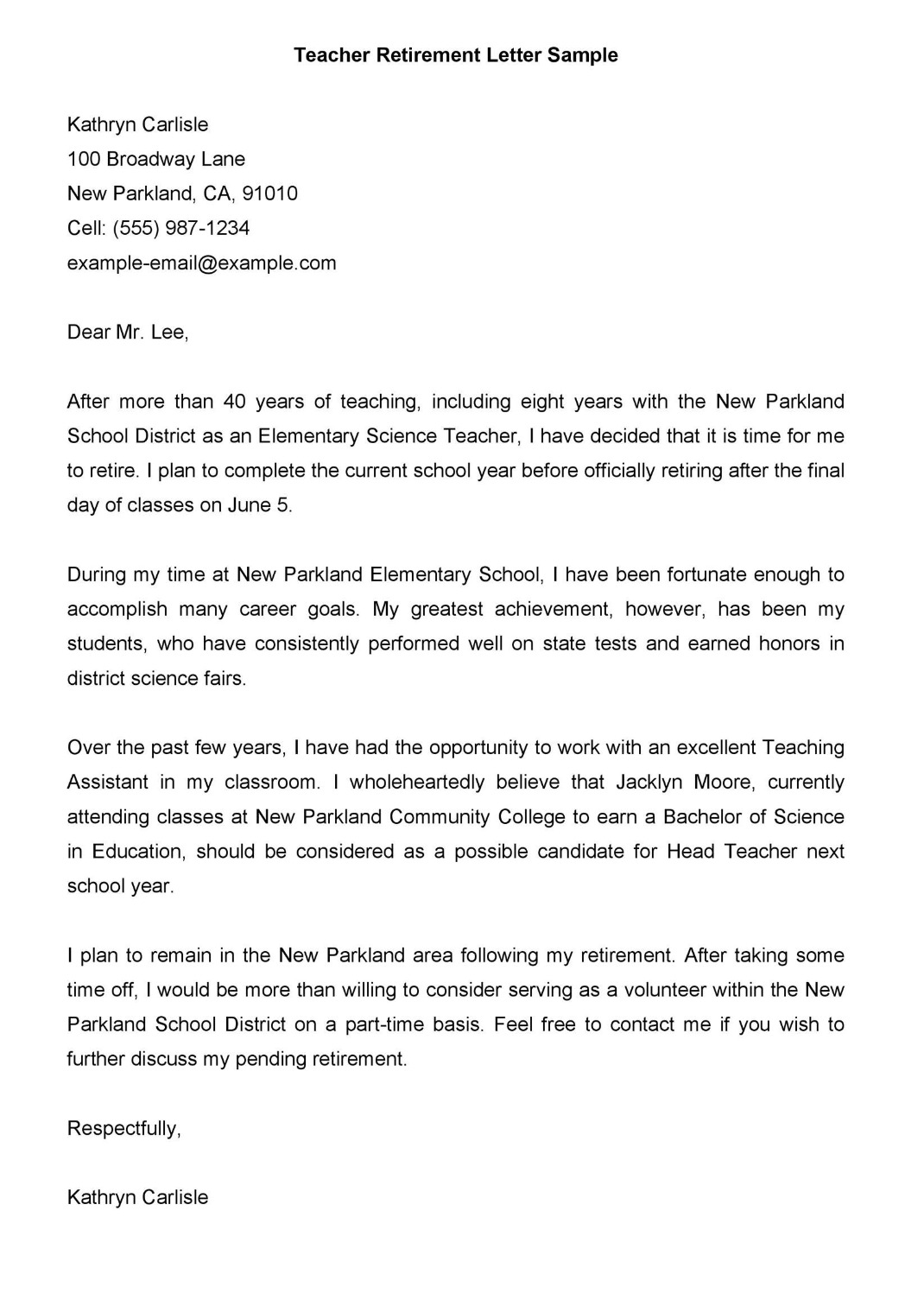 teacher retirement announcement letter sample