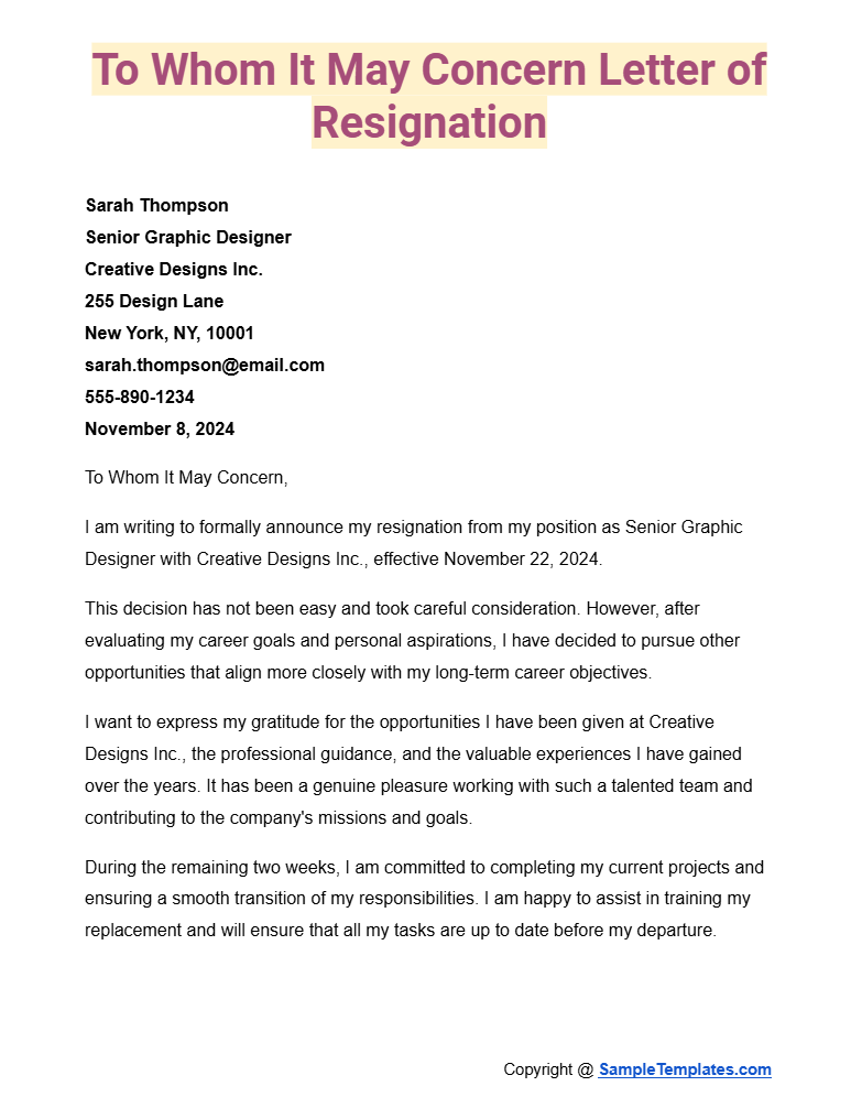 to whom it may concern letter of resignation