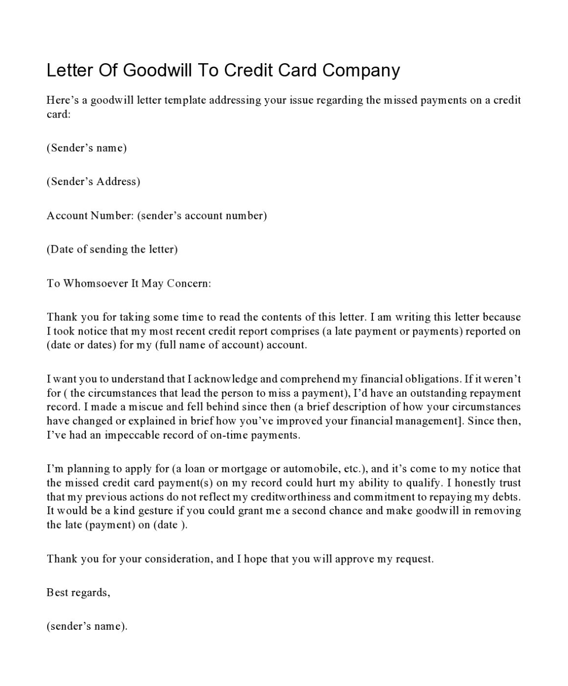 goodwill letter to credit card company